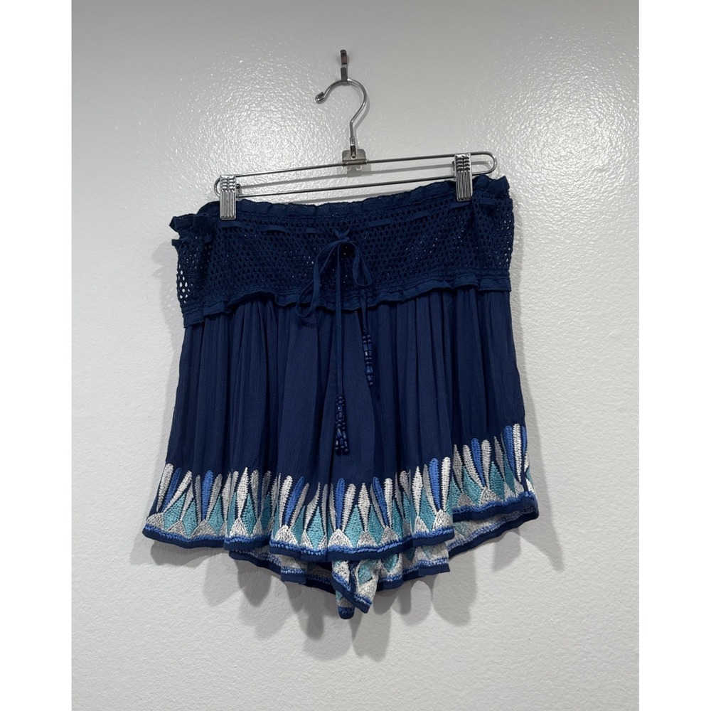 Amita Naithani Blue Embroidered Shorts‎ Sheer Crochet Waist Resort Boho Festival